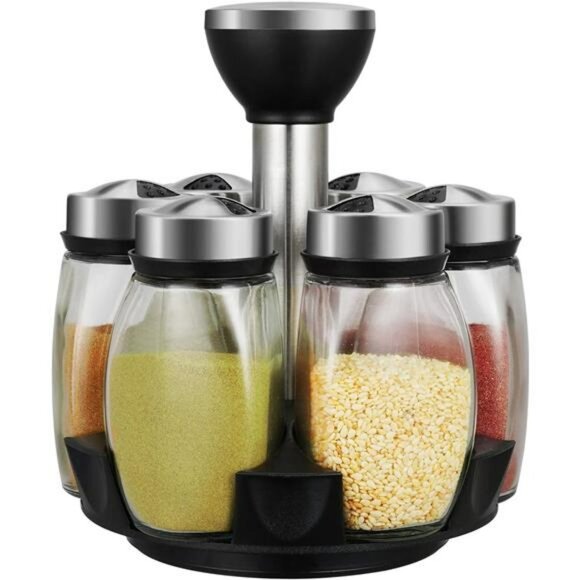 revolving spice rack organizer with 6 glass jars rotating kitchen countertop hol - Picture 1 of 8